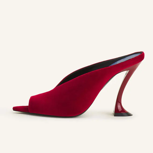 Sandales à talons hauts pour femmes, à bout ouvert, d'été, à talon chaton, à bride, en satin, pour mariage, mules à talon aiguille et découpe en V - Product Image 6