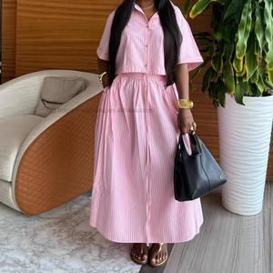 Women's Collared Striped Short-Sleeve Shirt High-Waisted Slim-Fit <b>Tie</b>-Waist Skirt African New Style 2-Piece <b>Set</b> Fashion - Product Image 6