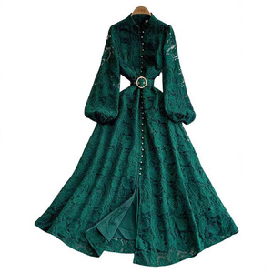 Robe midi vintage décontractée d'été pour femme, durable, respirante, lavable, en dentelle, coupe trapèze, manches longues, taille empire - Product Image 1