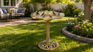 Bain d'oiseaux en résine beige à texture pierre, avec piédestal festonné en forme <span class=keywords><strong>de</strong></span> feuille <span class=keywords><strong>de</strong></span> lys, résistant aux intempéries, pour la décoration <span class=keywords><strong>de</strong></span> <span class=keywords><strong>jardin</strong></span> et <span class=keywords><strong>de</strong></span> cour - Product Image 6