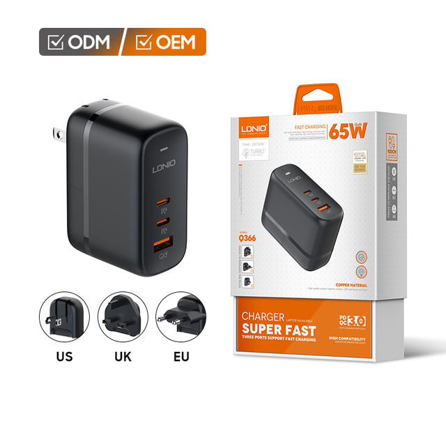 LDNIO Q366 65W GaN US EU UK Plug Adapter 2 Type-c Port USB Travel Mobile Phone Desktop Charger Quick Fast Charger for Laptop