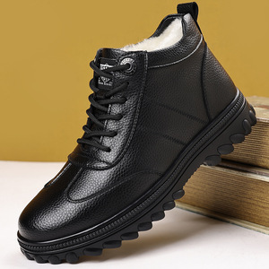 Bottes d'hiver en cuir doublées de polaire pour hommes, noires, à lacets, à semelle épaisse, imperméables, chaudes, chaussures décontractées pour la chasse en plein air - Product Image 1