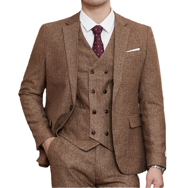 HARCHOY Premium Brown 3 Piece Viscose/Polyester Suit Men Tweed Slim Fit British Style Wedding Groom Tuxedo Single Breasted Vest