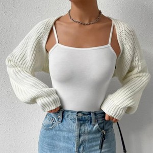 Nouveau <span class=keywords><strong>Cardigan</strong></span> Court <span class=keywords><strong>Femme</strong></span> en Maille Côtelée Style Balletcore à Manches Raglan Longues, Ouvert sur le Devant, pour l'Automne, Vêtement Décontracté au Crochet - Product Image 2