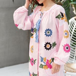 Robe élégante en coton et lin personnalisable, col rond, style décontracté, manches longues, robe midi d'été pour femmes - Product Image 3