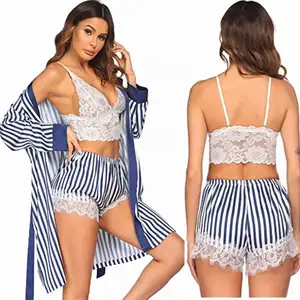 X2296 Bulk Letter Graphic Sleepwear Lace Bra Blue Stripe Satin Robe Shorts Set for plus size Women's Underwear 3pcs Pajamas set