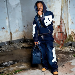 Set Personalizzato di Felpe <span class=keywords><strong>con</strong></span> Cappuccio e <span class=keywords><strong>Pantaloni</strong></span> da Uomo, <span class=keywords><strong>Tuta</strong></span> <span class=keywords><strong>in</strong></span> Cotone 100% Effetto Lavaggio Acido, Set <span class=keywords><strong>con</strong></span> Ricamo Effetto Vissuto e <span class=keywords><strong>Pantaloni</strong></span> a Zampa - Product Image 3