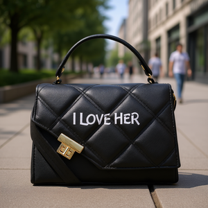 Sac de poitrine matelassé noir Fana Special pour femme, motif « I Love Her », bandoulière en similicuir végétalien - Product Image 2