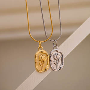 Vintage Rose Tulip Flower <strong>Coin</strong> Irregular Pendant Stainless Charm <strong>Necklace</strong> for Girls Women - Product Image 1