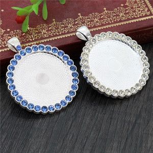 30mm Taille Intérieure <span class=keywords><strong>Argent</strong></span> Plaqué Cristal/<span class=keywords><strong>Bleu</strong></span> Strass Style Pendentif Blanc <span class=keywords><strong>Camée</strong></span> Cabochon Base Réglage Plateaux Pendentif - Product Image 2