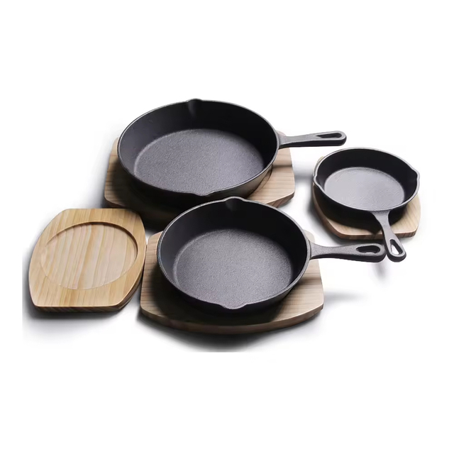 14-26cm Modern Cast Iron Frying Pan Skillet with Wooden Base Steak Sizzling Hot Grill Plate