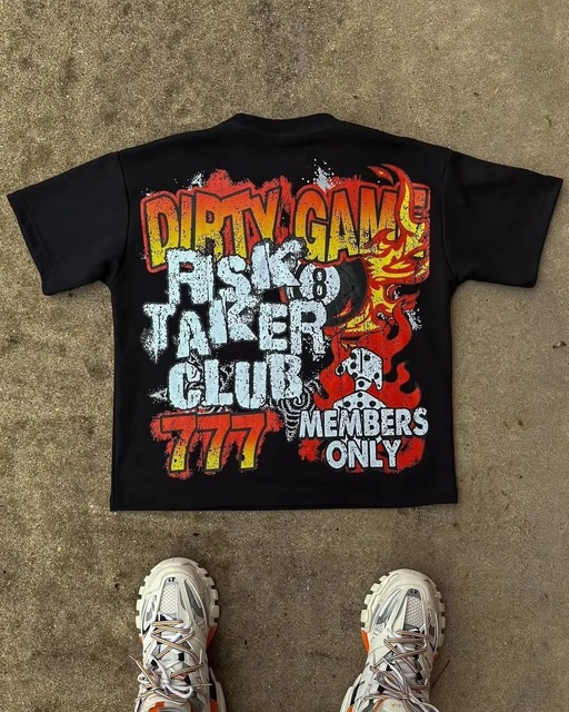 Black Back Flame Skull Distressed Slogan Hip Hop T-Shirt Gradient Red Yellow Crack Letter Oversized Breathable Heavy Cotton OEM