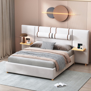 Queen Size Adjustable Upholstered Platform Bed Two Outlets on Both Sides Two <b>Bedside</b> Pillows Storage <b>Shelves</b> Velvet Beige - Product Image 1