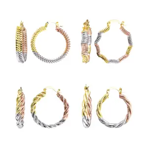 Fashion Jewelry Diamond Cut Twist Hoop Earrings Tricolor Aretes De Mujer 14K Rose White Gold Plated Women Oval Hoop Earrings