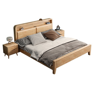 Nordic Style Modern Minimalist Double Bed With Lighted Headboard Storage Pine Wood Bedroom Furniture For Master Bedroom - Product Image 5