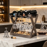 Porte-vin rustique en bois avec porte-verres, organisateur de rangement pour bouteilles de vin sur comptoir, avec plateau à bouchons, 4 bouteilles, 6 verres