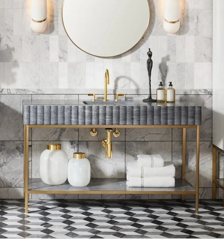 boutique stunning ensuire bathroom walk in shower SPA high end satin gold brushed gold vanity base powder room console sink
