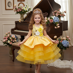 Style coréen moelleux enfant gâteau robe d'anniversaire mignon bébé rose fille robes d'anniversaire grande fleur robe fille fête de mariage pour 6Y - Product Image 2