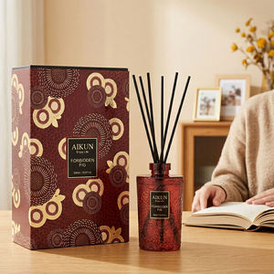 Aikun Forbidden Fig 500ml Burgundy Embossed Boxed Glass Reed <b>Diffuser</b> with Black Sticks Aromatherapy Set for Reading <b>Room</b> - Product Image 1