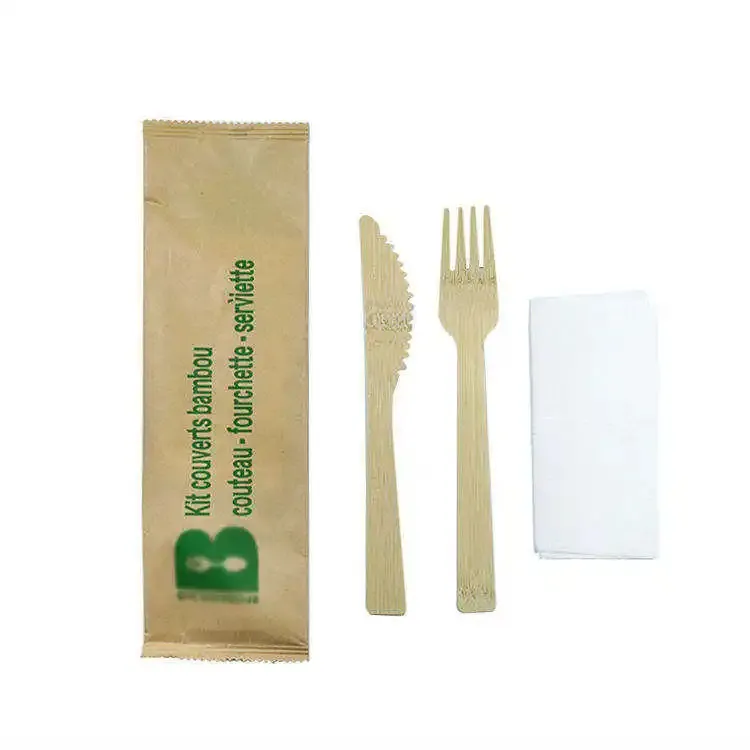 Craft Customized Disposable Bamboo Wood Fork Spoon Knife Set Flatware With Napkin