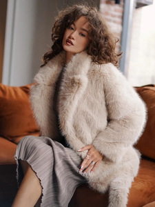 Manteau d'hiver chaud et épais pour <span class=keywords><strong>femme</strong></span> en fausse fourrure de renard marron foncé, mi-long, à grand col, ouvert sur le devant, veste moelleuse et oversize pour le quotidien - Product Image 5