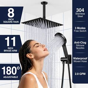 Pommeau de <span class=keywords><strong>douche</strong></span> pluie de 8 pouces avec bras d'extension en laiton de 11 pouces, douchette à main et buses en silicone pour usage quotidien dans les salles de bain d'hôtel - Product Image 3