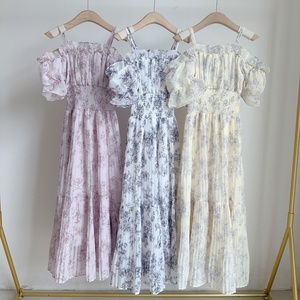 Váy dài vừa phải cổ tích đáng yêu dành cho nữ Áo choàng trễ vai dáng ôm tay phồng xếp ly lưới xếp nếp chắp vá in hình Nhật Bản thường ngày - Product Image 1