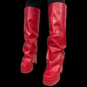 Winter Orange Red Hot Pink Leather Knee High Boots for Women Platform Square Heel Fold Over <b>Height</b> <b>Increasing</b> High Heeled <b>Shoes</b> - Product Image 4
