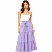 Jupe mi-longue évasée à taille haute élastique avec cordon de serrage, style européen et américain, élégante et fluide, à manches courtes.