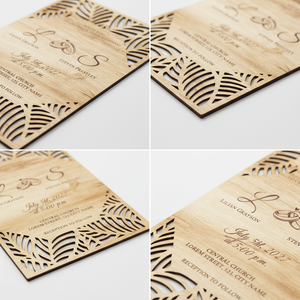 Tarjeta de boda rústica Tarjeta de invitación de boda de madera Bohemia Diseño de hoja cortada con láser Tarjeta de aniversario de fiesta de compromiso - Product Image 2