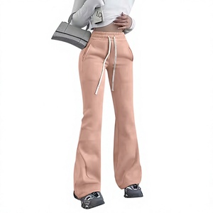 <b>Women</b> High Waist Flared Leg Sweatpants Solid Color Drawstring Full Length Cotton Pants Side Pockets Spring Leisure Bottoms - Product Image 1