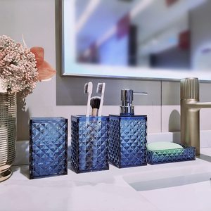 Elegante Set di accessori da bagno in vetro acrilico blu con accessori da bagno in fibra di vetro 4 pc
