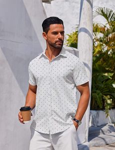 Men's White Short Sleeve Stand Collar Button Shirt Custom <b>Mini</b> <b>Print</b> Casual Summer Beach Breathable Knitted Soft - Product Image 4