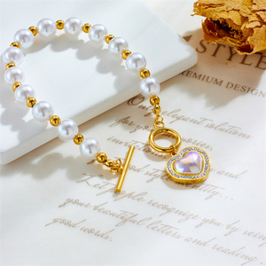European American Style Pearl Bracelet With Heart Pendant Gold T Bar Clasp Women's Jewelry Gift - Product Image 2