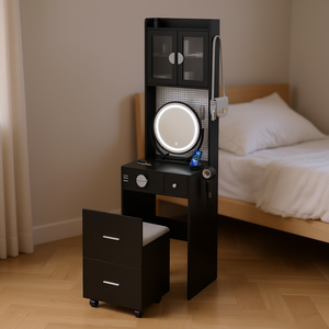 Compatto Mini angolo trucco Set di trucco luci LED stazione di ricarica cassetti scaffali nascosto sgabello per piccoli spazi - Product Image 2