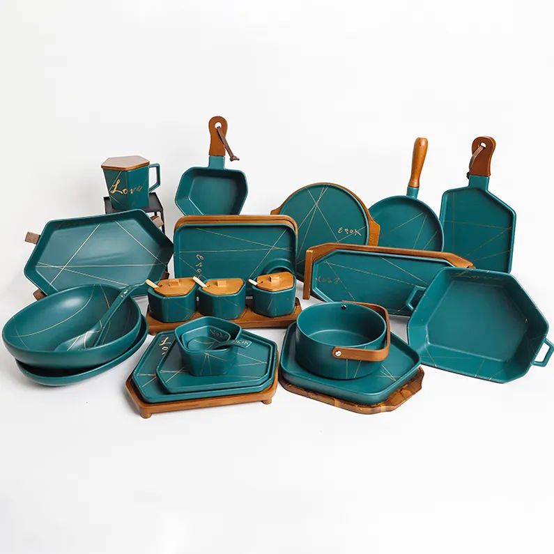 Fine China Complete Dish Set Plato Blanco, European Style Matte Green Ceramics Bowl With Gold Rim