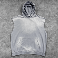 Sweat à capuche sans manches en coton 100% lavé à la vapeur Yukaihe 380gsm, style vintage, délavé, pour homme