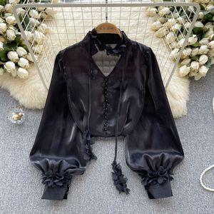 Chemisiers décontractés à manches longues NPF pour femmes, chemises unies respirantes en satin tissé, hauts élégants en gros - Product Image 5