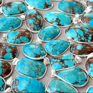 Turquoise <b>Necklace</b> with <b>Boho</b> Style Silver Overlay Magnesite Pendant Handmade Rhodium and Gold Plated Bezel Setting Inlay - Product Image 1