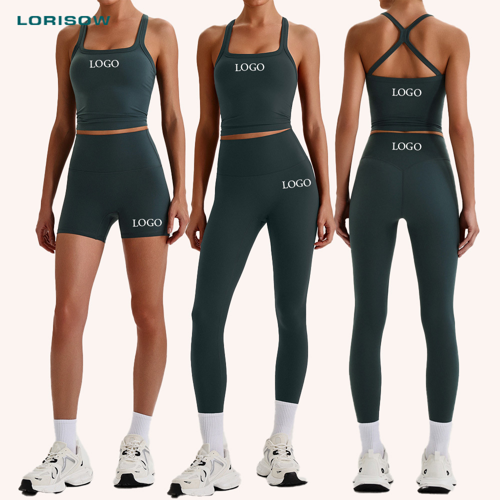 LORISOW Custom 3-Piece Women's Yoga Set Solid Breathable Quick Dry Spandex Nylon Leggings & Shorts Workout Wear With Logo