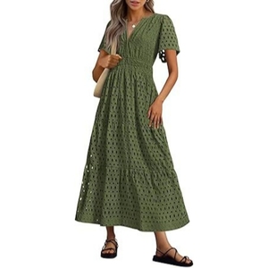 เดรสยาวแขนสั้นคอวีลายฉลุจีบระบายแฟชั่นสำหรับผู้หญิง - Product Image 6