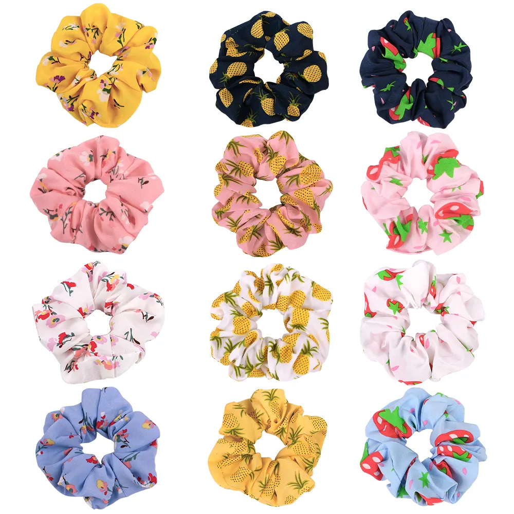 QIYUE Cute Fruit Print Pattern Pineapple Polyester Designer Scrunchies For Hair