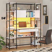 Bureau de travail à domicile moderne en MDF et métal à 5 niveaux avec éclairage RGB, prise de courant, 71,1 pouces de hauteur, gain de place, 12 étagères, 2 portes (blanc)