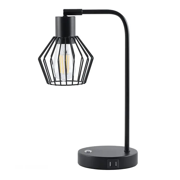 Industrial Edison touch control desk lamp with dual USB ports, black metal wire cage bedside table lamp