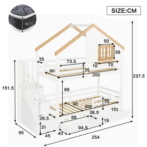 Squisito <span class=keywords><strong>90x200</strong></span> cm letto a due piani per bambini albero di pino MDF scala di stoccaggio bianco naturale piccola casa Design include letto finestra - Product Image 4
