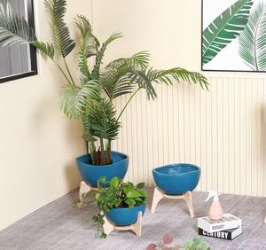 Ceramic Flower Pot with Wood Stand Minimalist Indoor Planter for Green Plants Circular Design Glazed Finis - Product Image 2