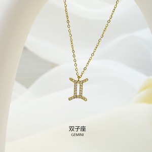Collar <span class=keywords><strong>de</strong></span> Moda con Colgante del Zodiaco, Cadena <span class=keywords><strong>de</strong></span> Bambú con Circonitas, Chapado en Oro, Acero Inoxidable 316L - Product Image 5