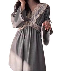 Nueva mujer invierno dulce princesa viento camisón encaje Patchwork cuello en V manga larga cintura elástica sólido primavera otoño Pijamas - Product Image 1