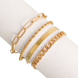 4pcs/<b>set</b> Hot Selling Fashion Punk Exaggerated Geometric <b>Bracelet</b> Metal Wind Stack Wear Women's <b>Bracelet</b> Cuban Chain Jewelry - Product Image 1