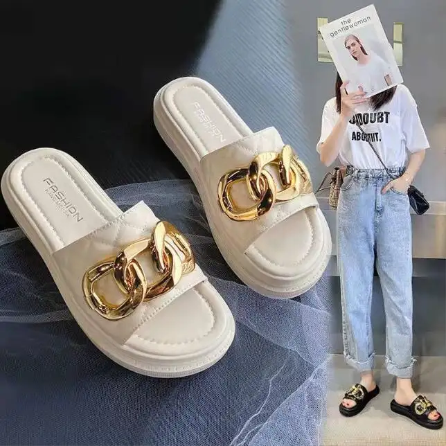 Nhà Máy Giá Bán Hot Thời Trang Casual Phụ Nữ Dép Hở Ngón Slip-On Wedge Ladies Giày Dây Chuyền Vàng Phụ Nữ Dép Đi Trong Nhà